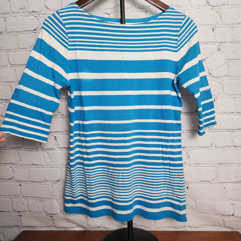 Charter Club Petite Small Blue White Striped Boat Neck Half Sleeve Cotton Top